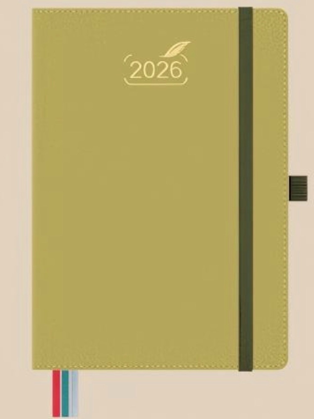 A5 2026 page-a-day planner - olive green vegan leather cover; 80 gsm paper